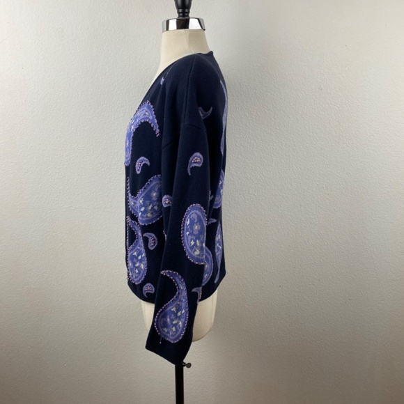 Vintage 80s Knit Cardigan Large Open Pappagallo Dark Blue Purple Beaded Paisley - Picture 4 of 9